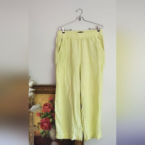 TAHARI Essentials Neon Yellow 100% Linen Stretch Waist Pants Size Large - Picture 1 of 8